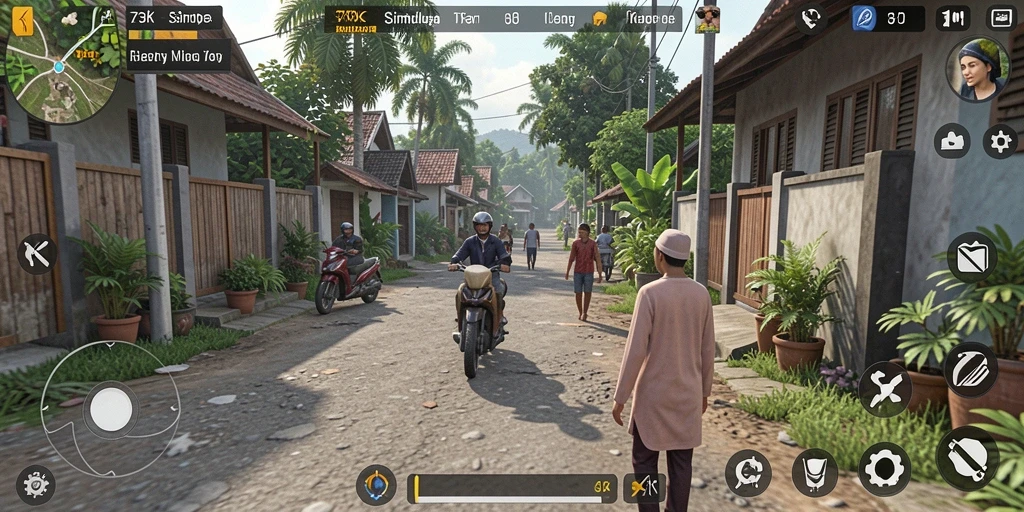 Screenshot utama dari gameplay 73K yang menunjukkan interaksi antara karakter.