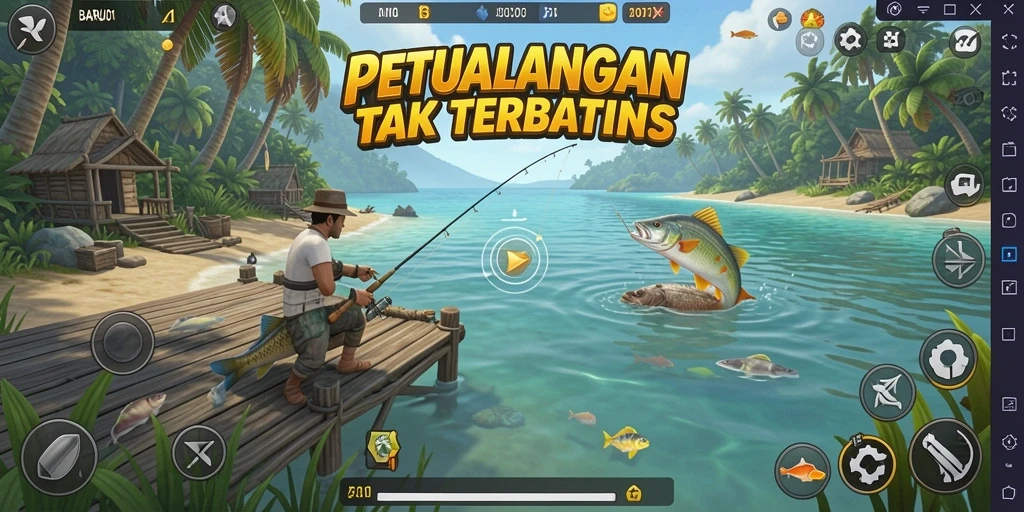 Tampilan gameplay BARU01 yang menarik saat memancing di lautan.
