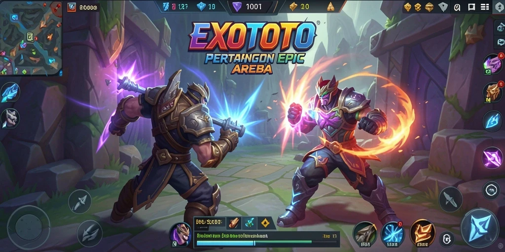 Tangkapan layar dari gameplay seru di EXOTOTO, pertarungan strategis dalam arena MOBA.