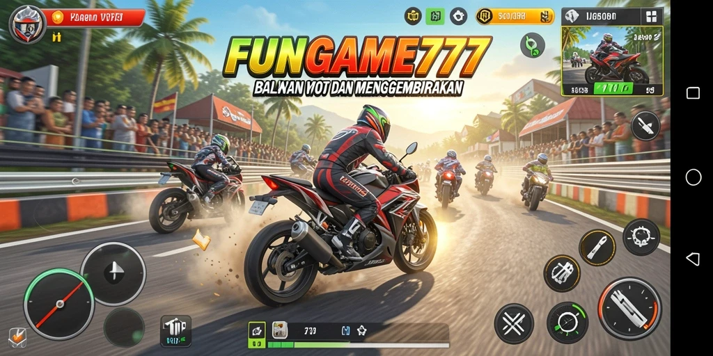 Screenshot gameplay FUNGAME777 menunjukkan aksi balapan motor yang mendebarkan.