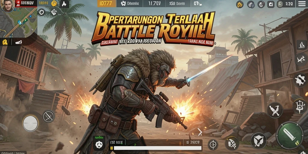 Screenshot ID777 menampilkan pemain bertempur di medan pertempuran Battle Royale.