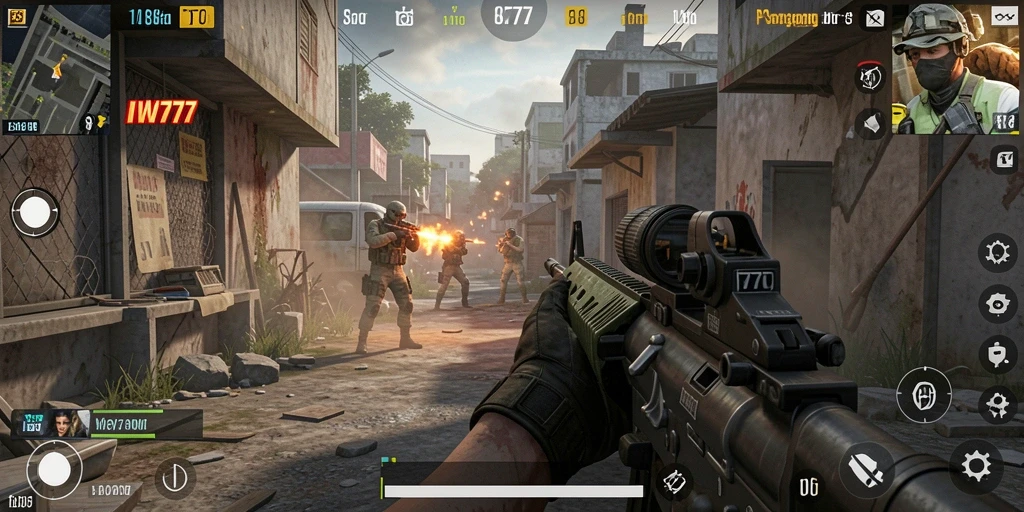 Tangkapan layar IW777 menampilkan aksi pertempuran FPS yang mendebarkan.