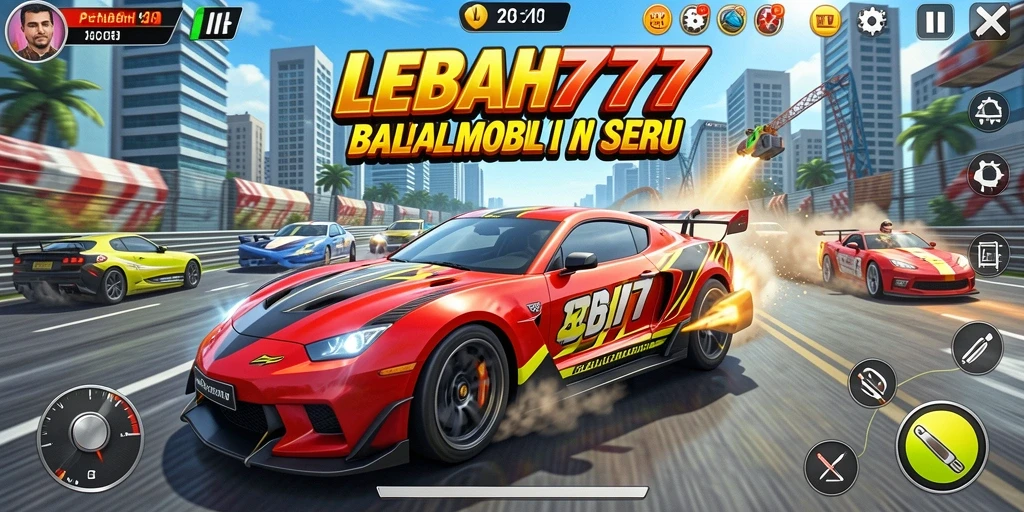 Tampilan seru dari gameplay LEBAH777 saat balapan di lintasan.