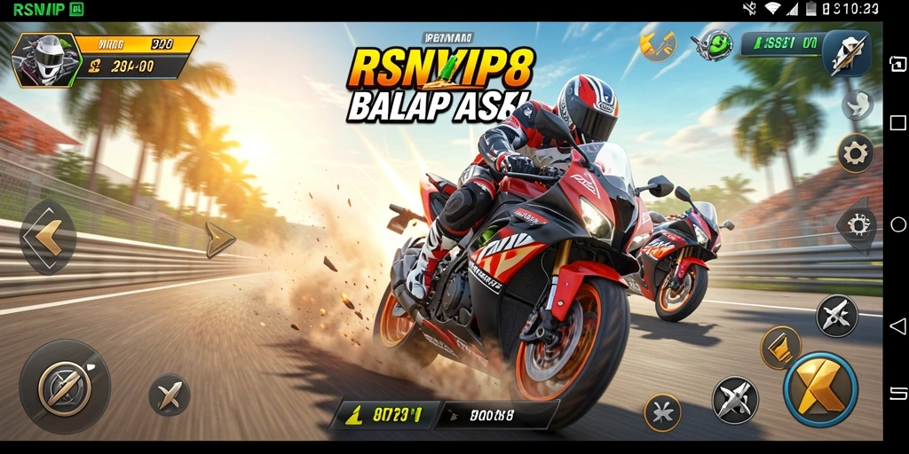 Screenshot menampilkan balapan mendebarkan dengan motor kencang dan trek menantang.