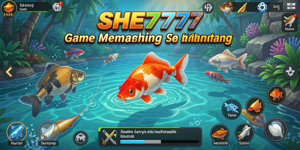 Tampilan gameplay SHE777 yang seru saat memancing di danau.
