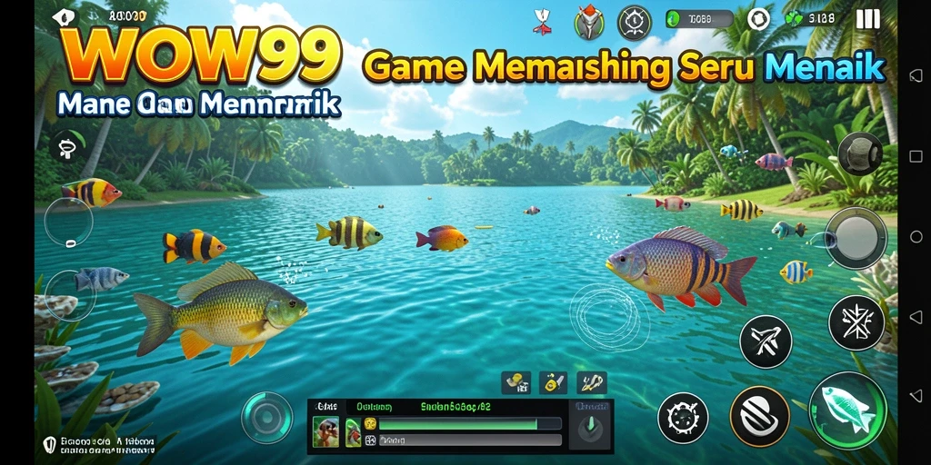 Screenshot WOW99 menampilkan pengguna yang berhasil menangkap ikan besar di danau.